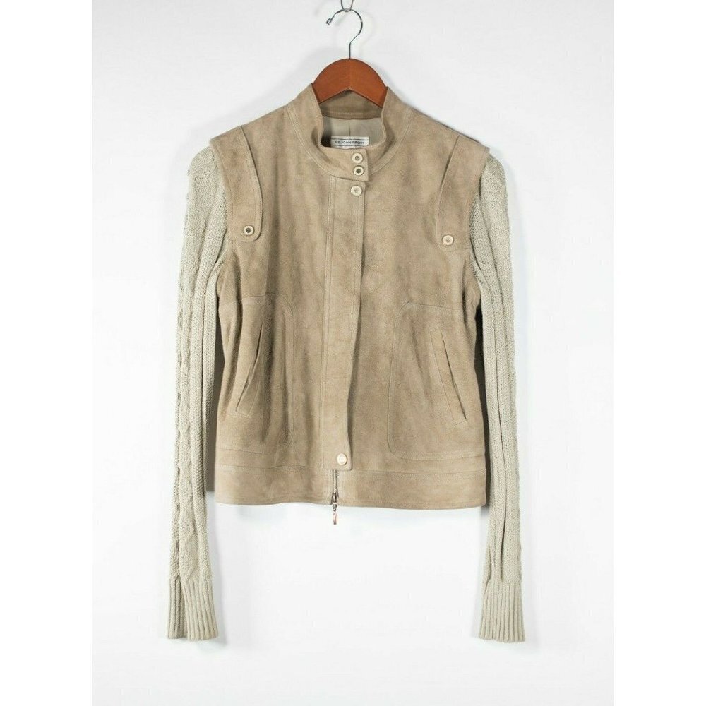 St. John Sport Womens Small Green Jacket Goat Suede Vest Knit Removable Sleeves